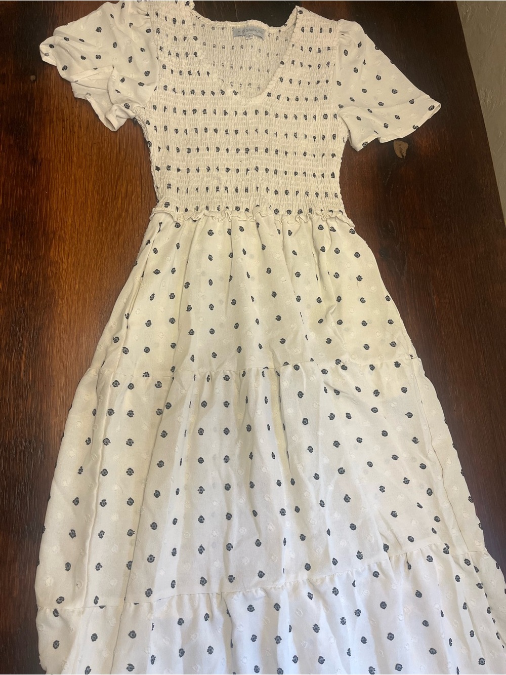 New Feminine Flowy Size Small Smocked White Ladies Dress with Black Dot Print